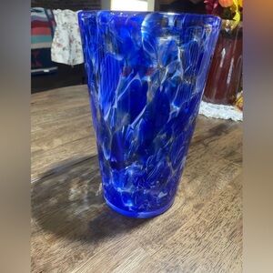 Cobalt blue and white handblown art glass vase.